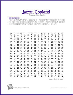 Aaron Copland Word Search Worksheet