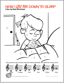 Now I Lay Me Down to Sleep | Free Treble Clef Color-by-Note Worksheet