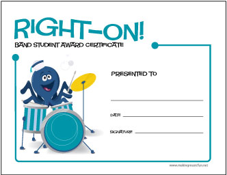 Right On! Band Student Award Certificate (Oliver Playing Drums)