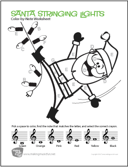 Santa Stringing Lights | Color-by-Note Treble Clef Note Name Worksheet