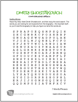 Dmitri Shostakovich Word Search Worksheet
